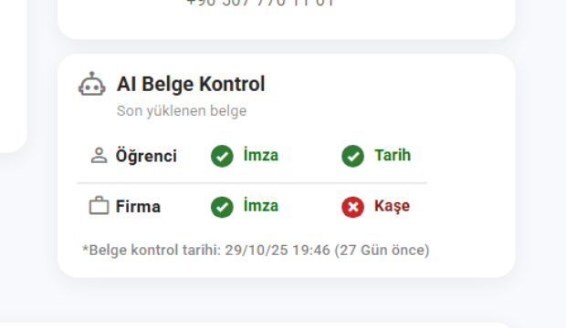 AI belge denetimi - Eksik imza/kaşe alanlarını vurgulayan uyarı paneli